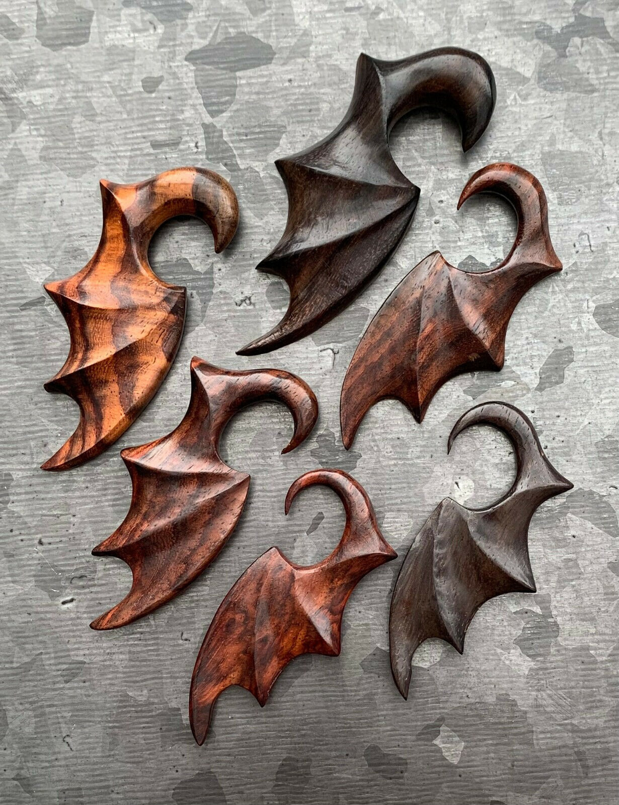 PAIR of Unique Hand Carved Organic Sono Wood Bat Wing Tapers/Plugs - Expanders - Gauges 6g (4mm) thru 00g (10mm) available!