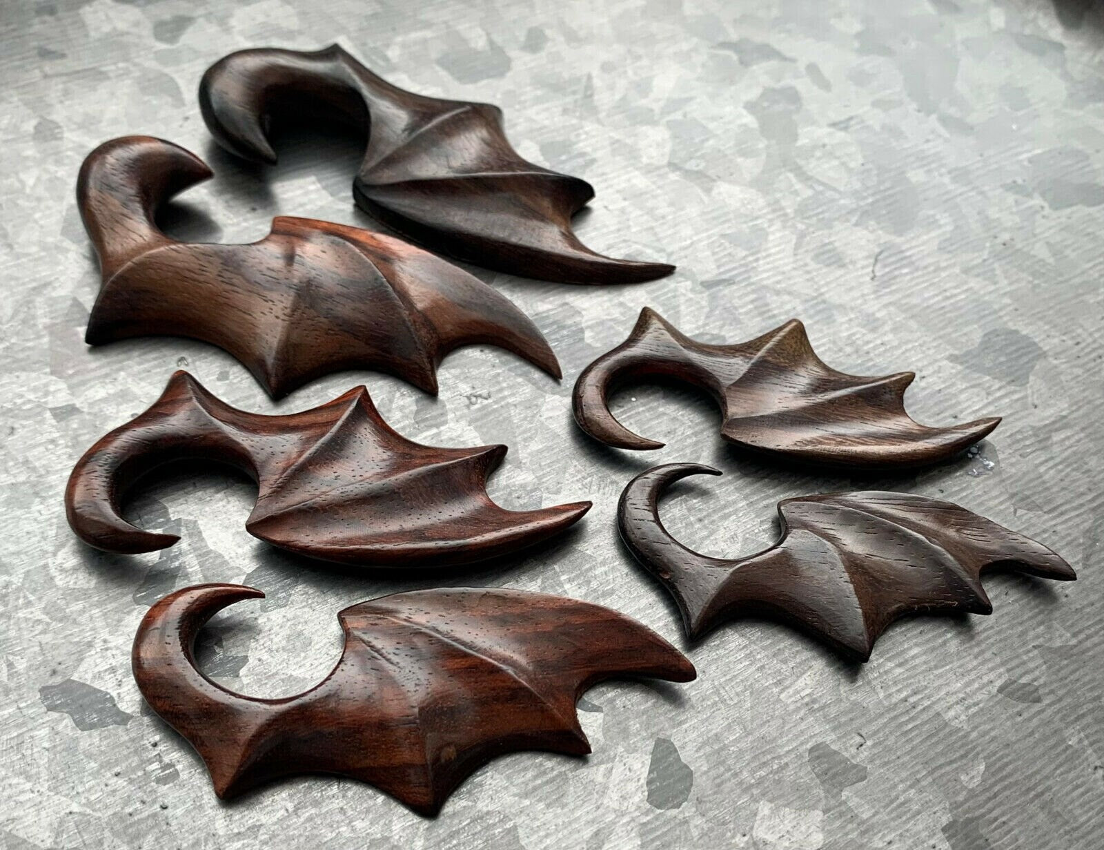 PAIR of Unique Hand Carved Organic Sono Wood Bat Wing Tapers/Plugs - Expanders - Gauges 6g (4mm) thru 00g (10mm) available!