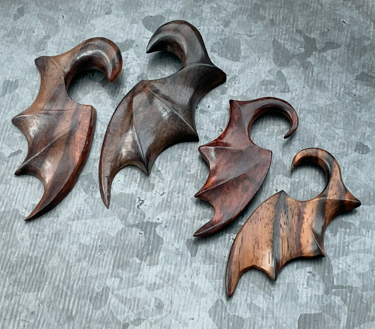 PAIR of Unique Hand Carved Organic Sono Wood Bat Wing Tapers/Plugs - Expanders - Gauges 6g (4mm) thru 00g (10mm) available!