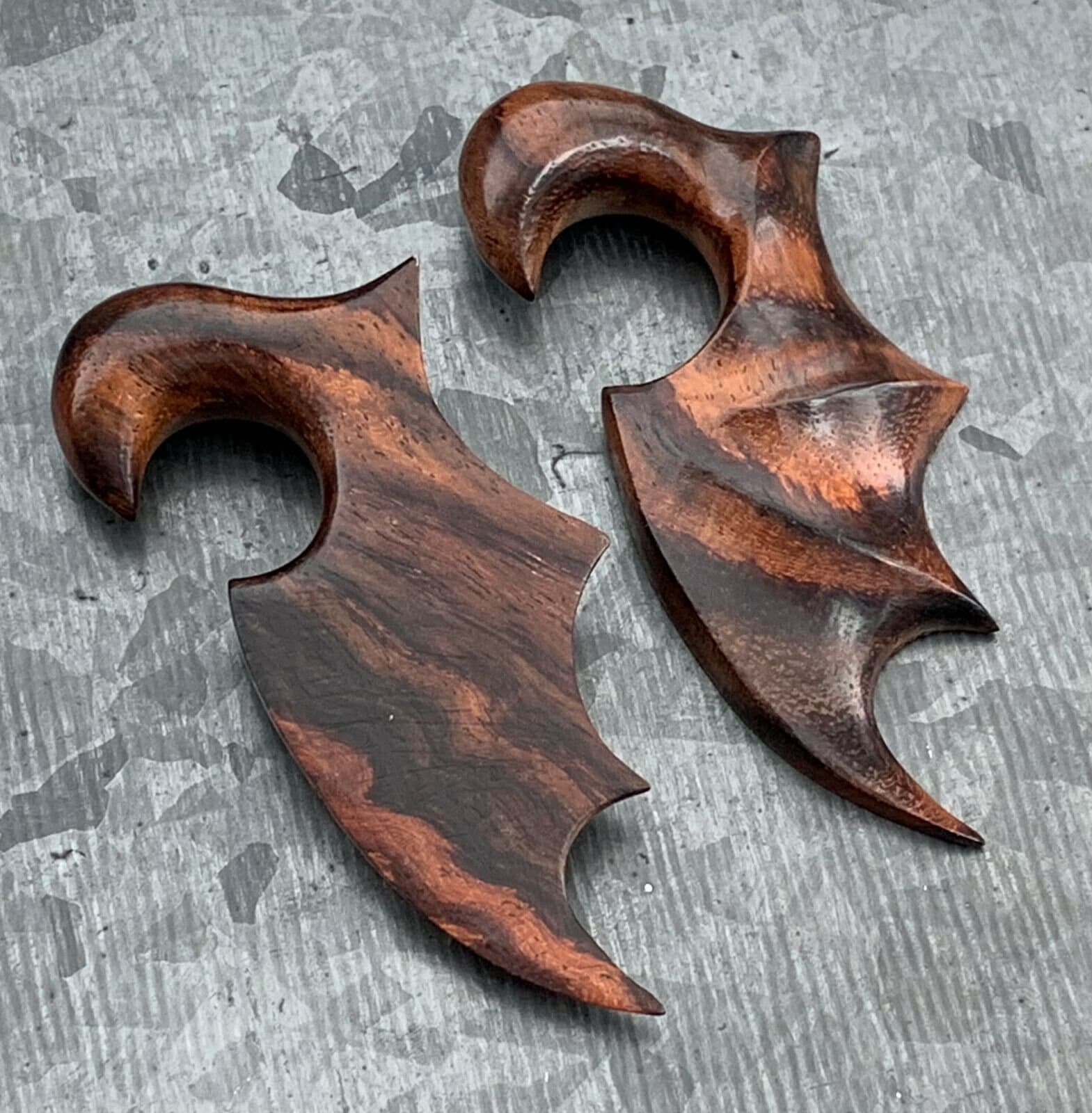 PAIR of Unique Hand Carved Organic Sono Wood Bat Wing Tapers/Plugs - Expanders - Gauges 6g (4mm) thru 00g (10mm) available!