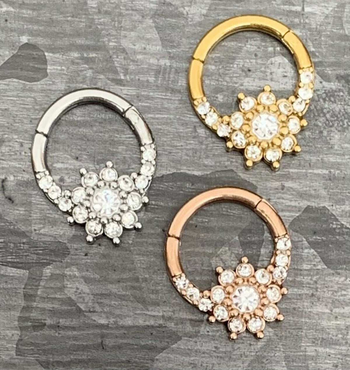 1 Piece Gorgeous CZ Gem Flower Hinged Segment Ring - 16g, 8mm internal diameter - Gold, Rose Gold and Silver Available!