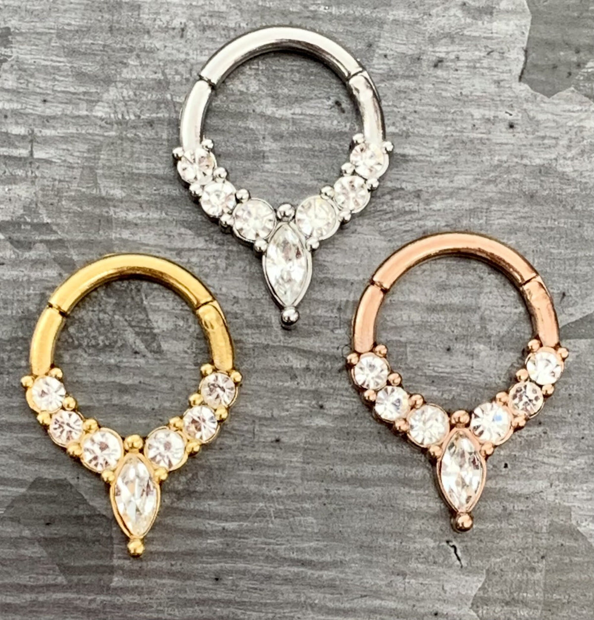 1 Piece of Stunning Marquise CZ Gem Hinged Steel Segment Ring - 16g, 8mm internal diameter - Gold, Rose Gold and Silver Available!