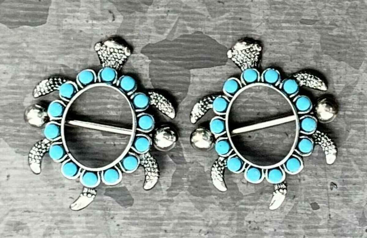 PAIR of Unique Teal Turtle Design Steel Nipple Barbells/Shields/Rings - Barbell 14g, 19mm (3/4") - Wearable length 12mm(1/2") x 14mm(9/16")!