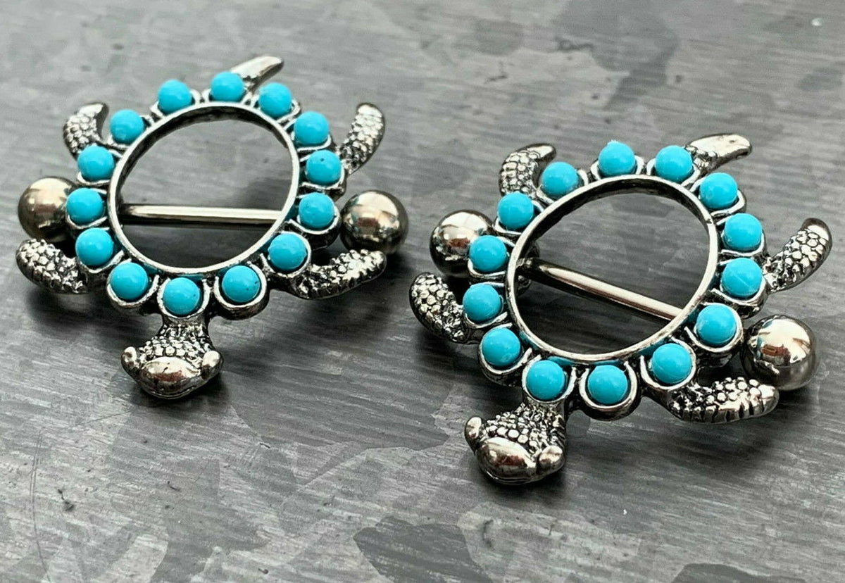 PAIR of Unique Teal Turtle Design Steel Nipple Barbells/Shields/Rings - Barbell 14g, 19mm (3/4") - Wearable length 12mm(1/2") x 14mm(9/16")!