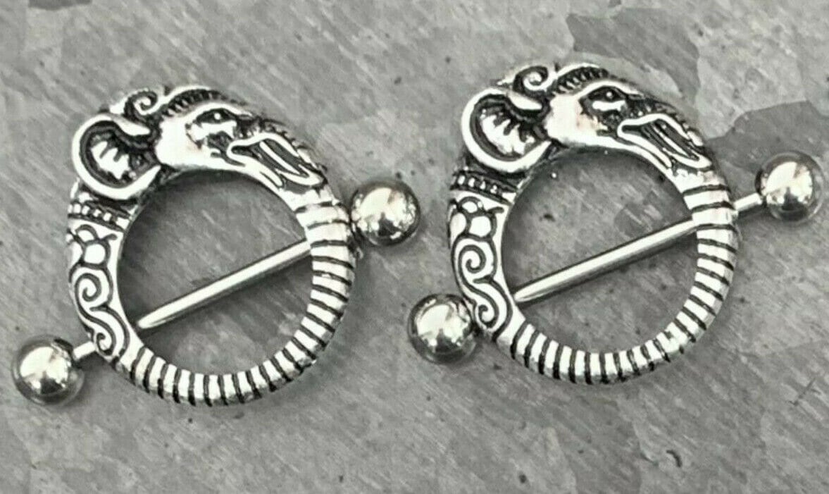 PAIR of Tribal Elephant Design Steel Nipple Barbells/Shields/Rings - Barbell 14g, 22mm (7/8"), Wearable length 14mm (9/16")!