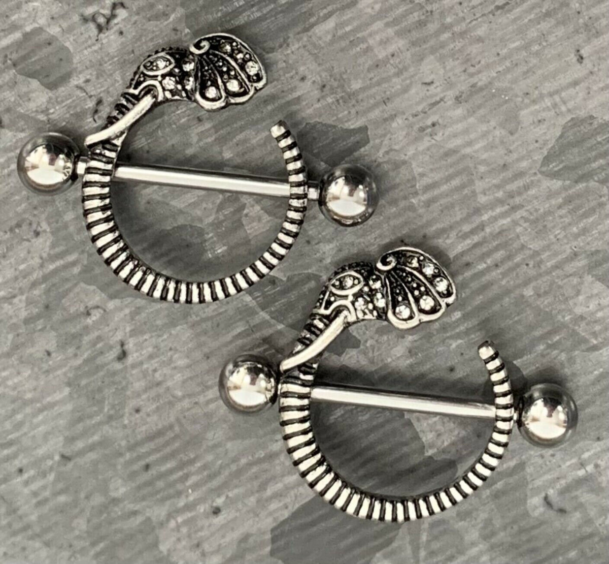 PAIR of CZ Gem Elephant Design Steel Nipple Barbells/Shields/Rings - Barbell 14g, 19mm (3/4") - Wearable length 14mm (9/16")!