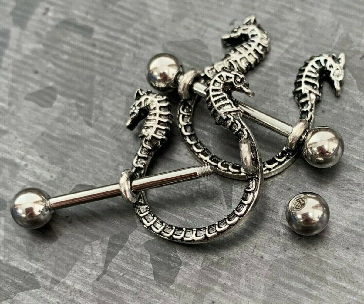 PAIR of Unique Seahorse Design Steel Nipple Barbells/Shields/Rings - Barbell 14g, 16mm (5/8") - Wearable length 14mm (9/16")!
