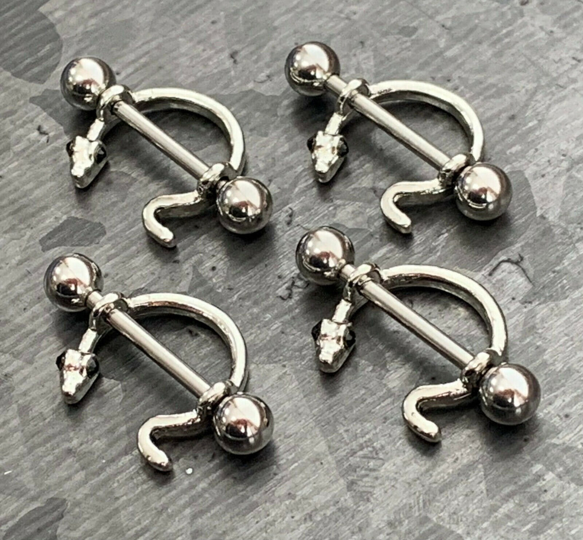 PAIR of Snake Design Steel Nipple Barbells/Shields/Rings - Barbell 14g, 16mm (3/4") - Wearable length 12mm (1/2")!