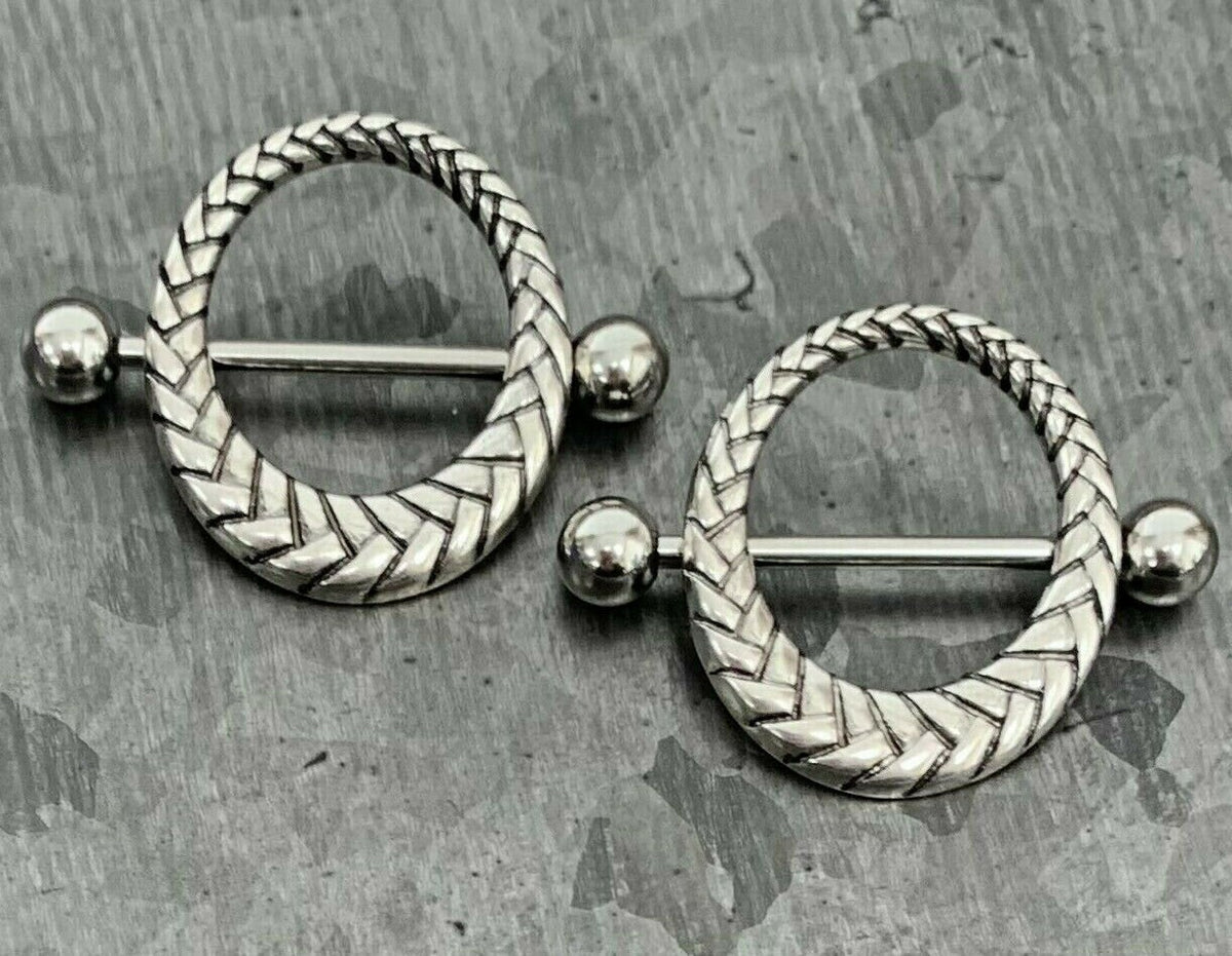PAIR of Unique Dragon Scales / Snake Skin Design Steel Nipple Barbells/Shields/Rings - Barbell 14g, 22mm (7/8"), Wearable length 14mm(916")!