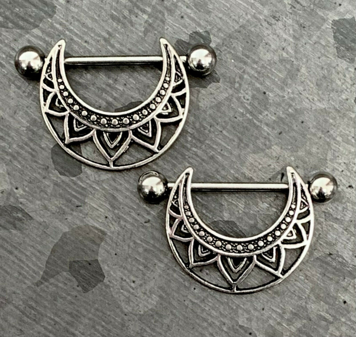 PAIR of Unique Tribal Adornment Design Steel Nipple Barbells/Shields/Rings - Barbell 14g, 22mm (7/8"), Wearable length 14mm (916")!