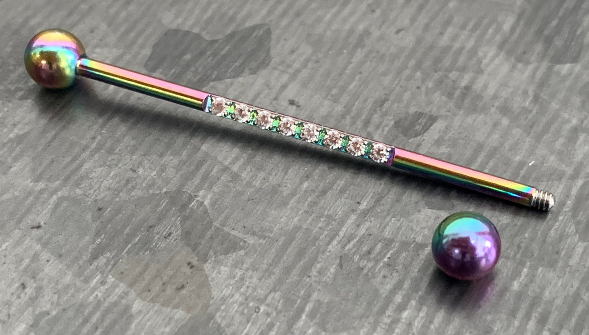 1 Piece Stunning CNC Set Lined CZ Gems Industrial Barbell - 14g, Length 38mm 1.5" - Silver, Black, Gold, Rose Gold and Multi-Color!
