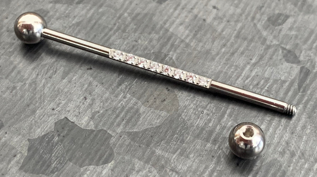 1 Piece Stunning CNC Set Lined CZ Gems Industrial Barbell - 14g, Length 38mm 1.5" - Silver, Black, Gold, Rose Gold and Multi-Color!