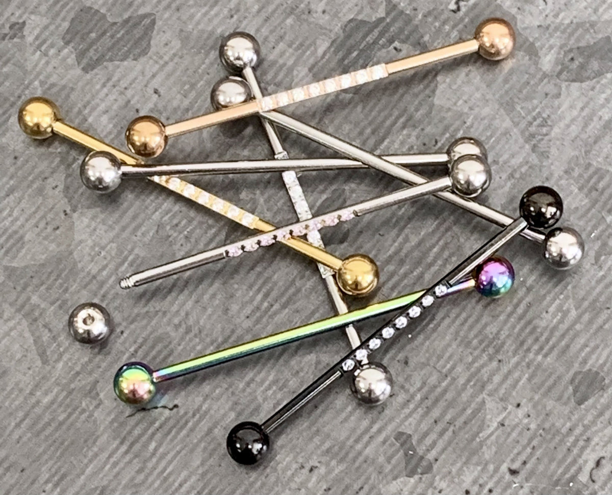 1 Piece Stunning CNC Set Lined CZ Gems Industrial Barbell - 14g, Length 38mm 1.5" - Silver, Black, Gold, Rose Gold and Multi-Color!