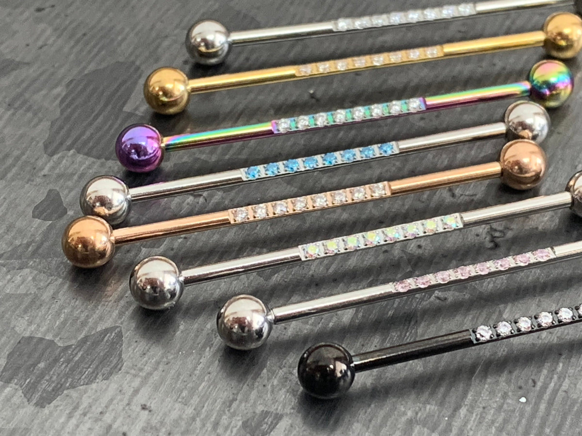 1 Piece Stunning CNC Set Lined CZ Gems Industrial Barbell - 14g, Length 38mm 1.5" - Silver, Black, Gold, Rose Gold and Multi-Color!