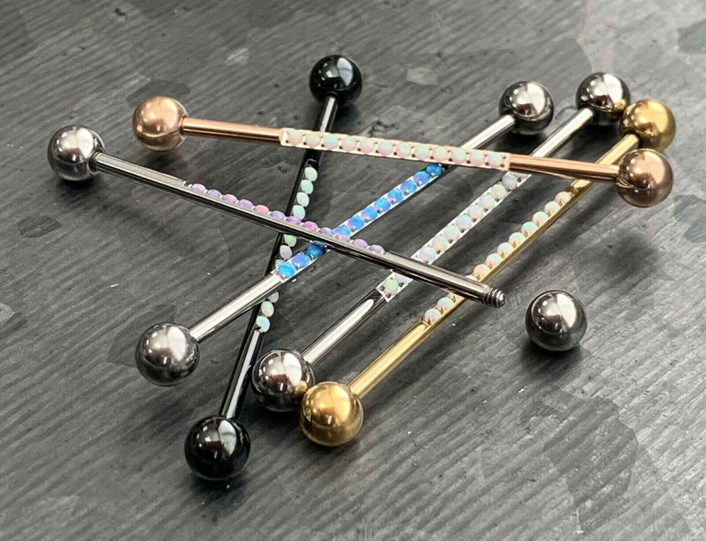 1 Piece of Implant Grade Titanium CNC Set Lined Opals Industrial Barbell - 14g, Length 38mm 1.5" - Silver, Black, Gold, and Rose Gold!!