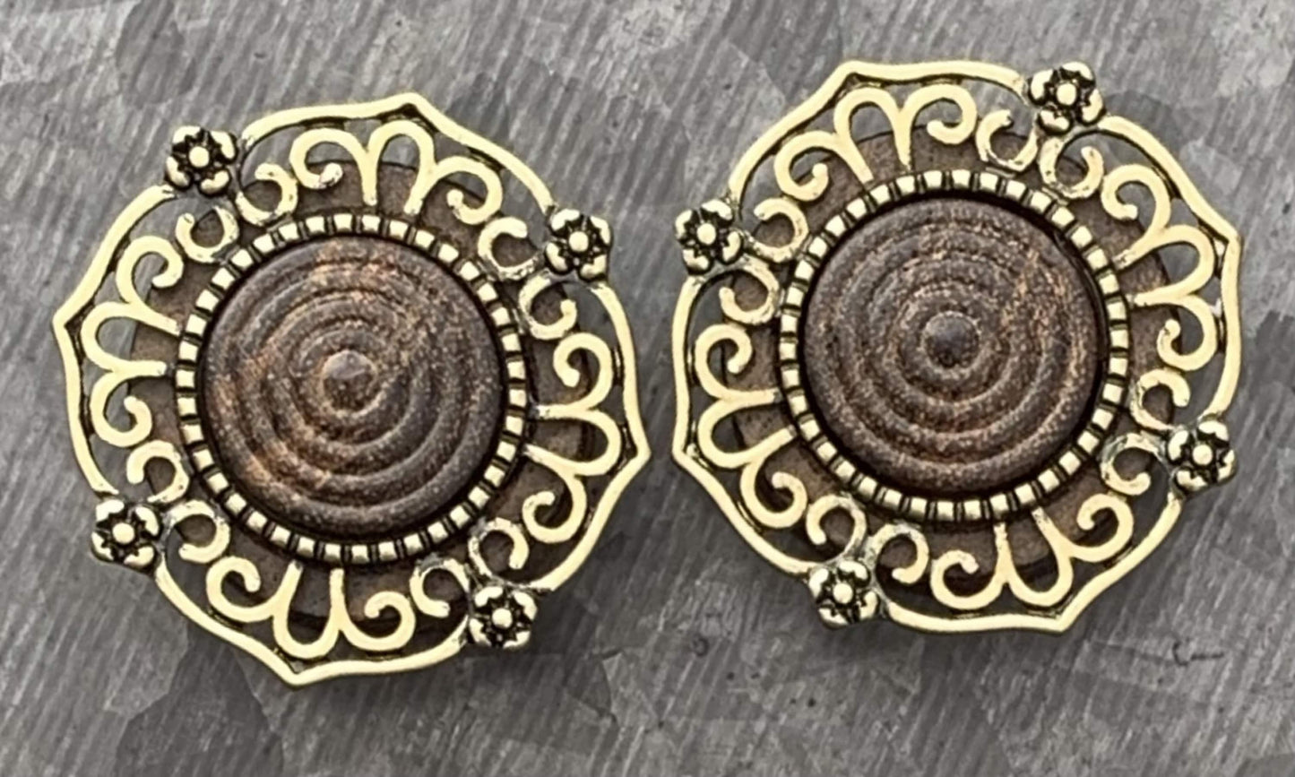 PAIR of Beautiful Antique Gold Plated Tribal Filigree Top Rose Wood Saddle Plugs