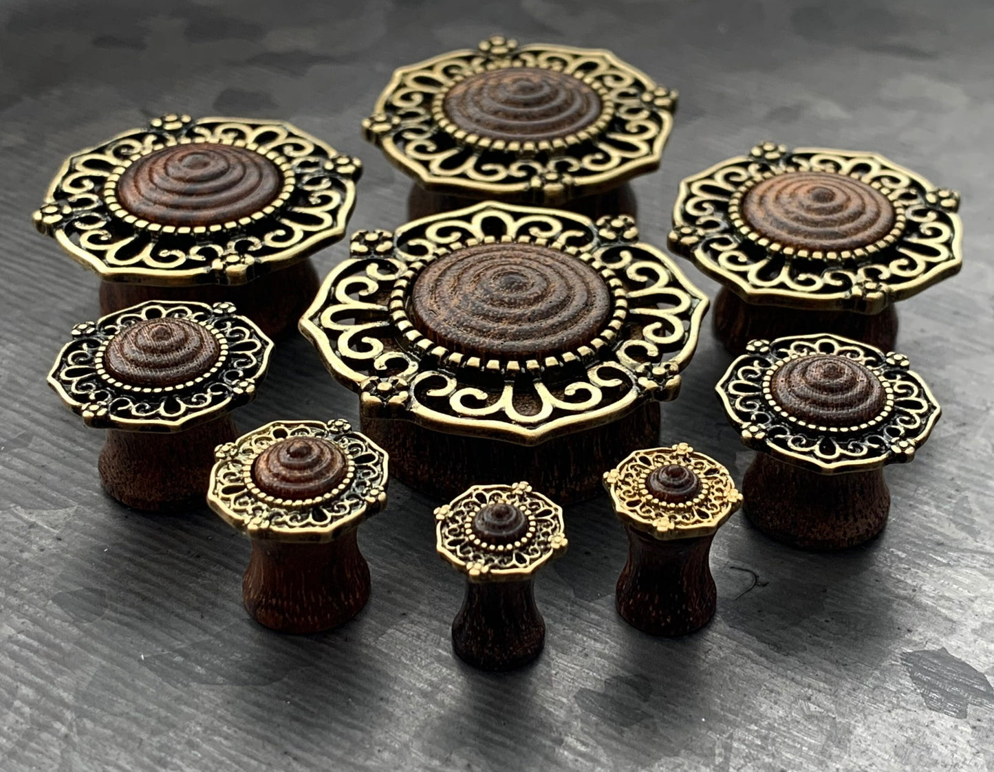 PAIR of Beautiful Antique Gold Plated Tribal Filigree Top Rose Wood Saddle Plugs