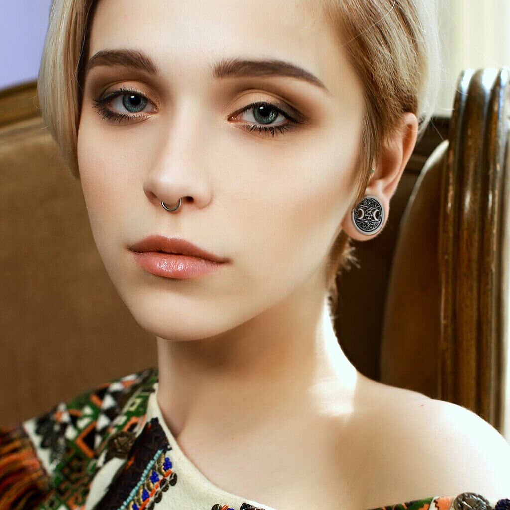 PAIR of Unique Pentagram Star & Two Crescent Moons Screw Fit Tunnels/Plugs - Gauges 00g (10mm) thru 5/8" (16mm) available!