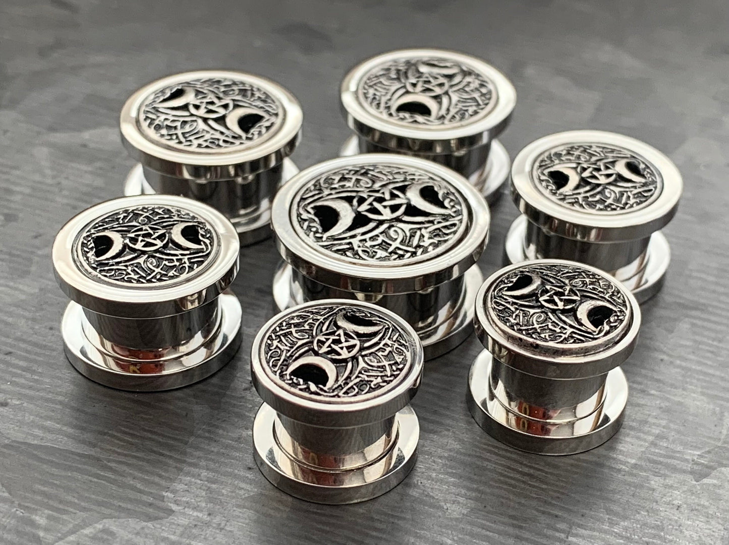 PAIR of Unique Pentagram Star & Two Crescent Moons Screw Fit Tunnels/Plugs - Gauges 00g (10mm) thru 5/8" (16mm) available!