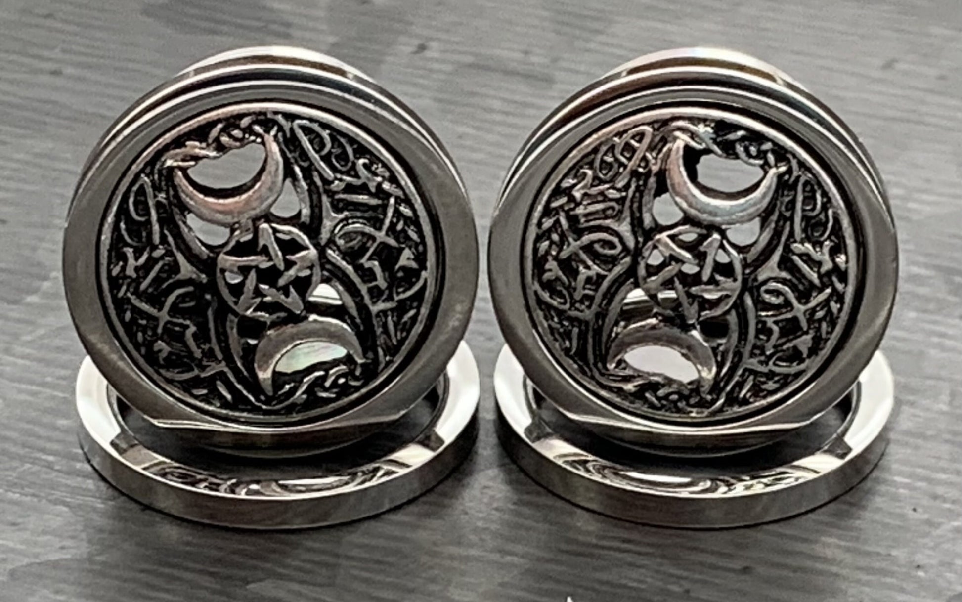 PAIR of Unique Pentagram Star & Two Crescent Moons Screw Fit Tunnels/Plugs - Gauges 00g (10mm) thru 5/8" (16mm) available!