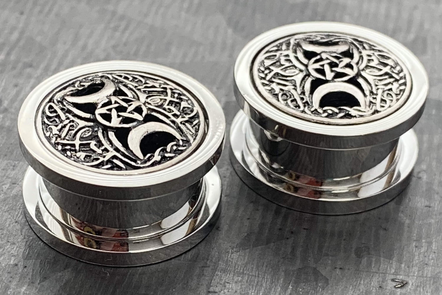 PAIR of Unique Pentagram Star & Two Crescent Moons Screw Fit Tunnels/Plugs - Gauges 00g (10mm) thru 5/8" (16mm) available!