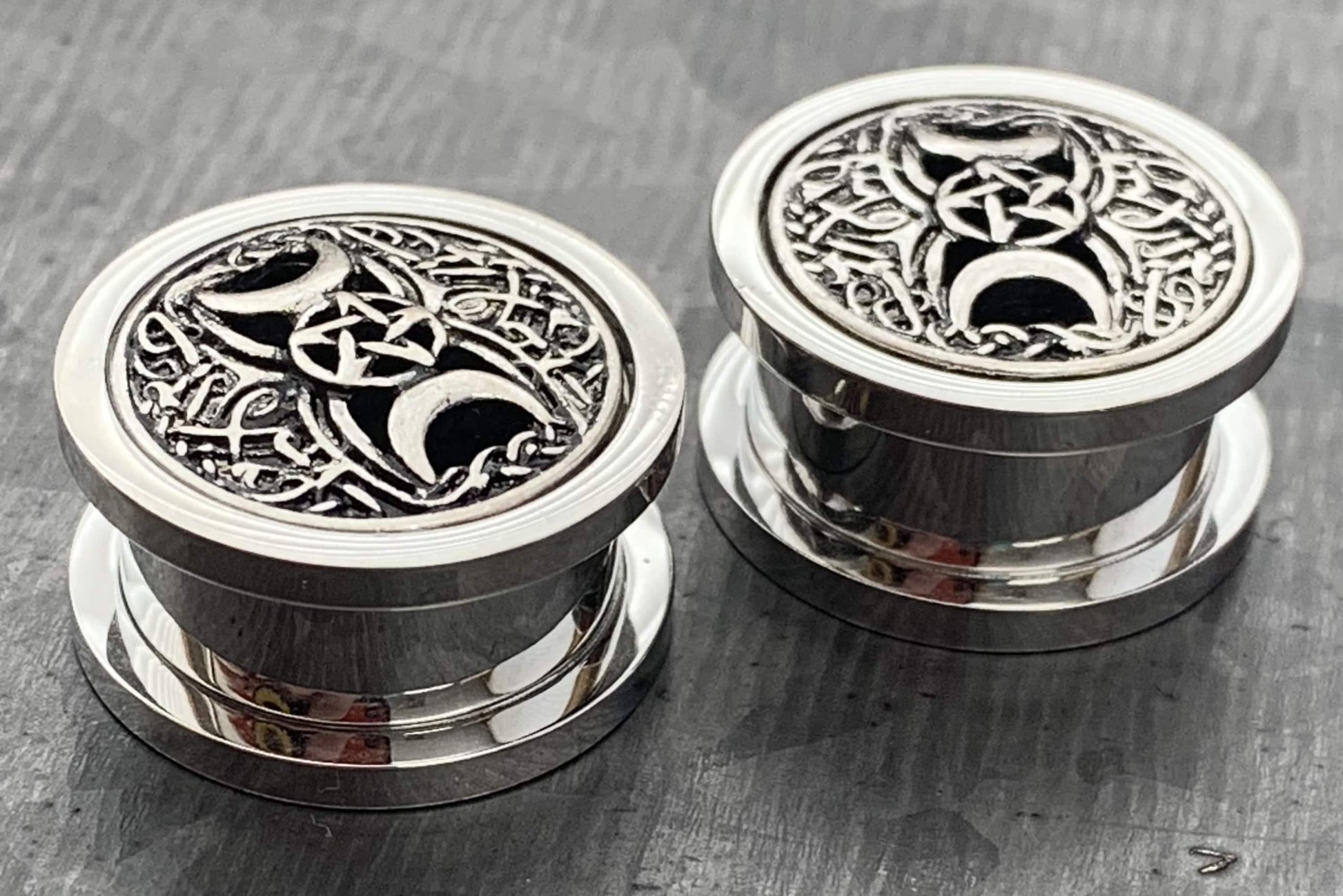 PAIR of Unique Pentagram Star & Two Crescent Moons Screw Fit Tunnels/Plugs - Gauges 00g (10mm) thru 5/8" (16mm) available!
