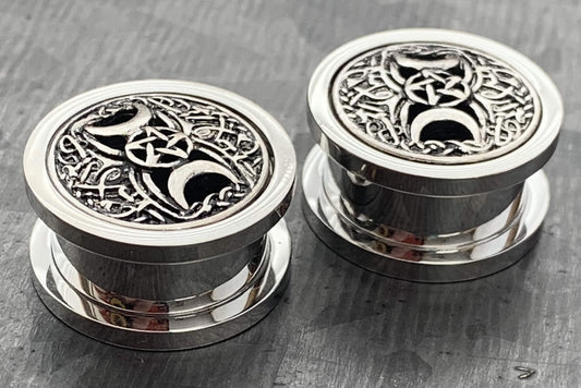 PAIR of Unique Pentagram Star & Two Crescent Moons Screw Fit Tunnels/Plugs - Gauges 00g (10mm) thru 5/8" (16mm) available!