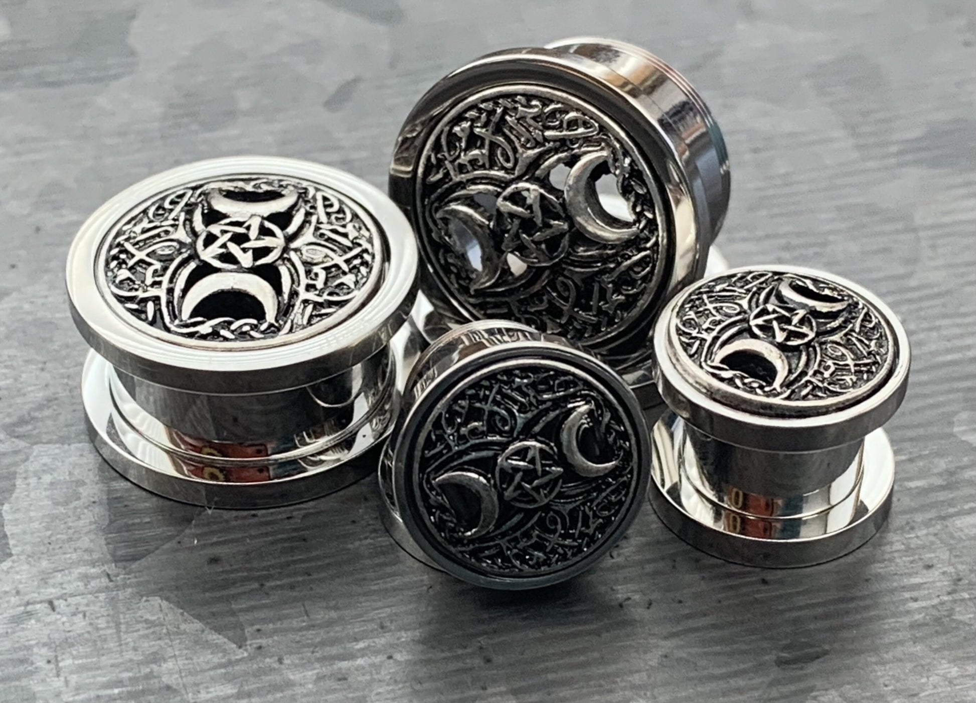 PAIR of Unique Pentagram Star & Two Crescent Moons Screw Fit Tunnels/Plugs - Gauges 00g (10mm) thru 5/8" (16mm) available!