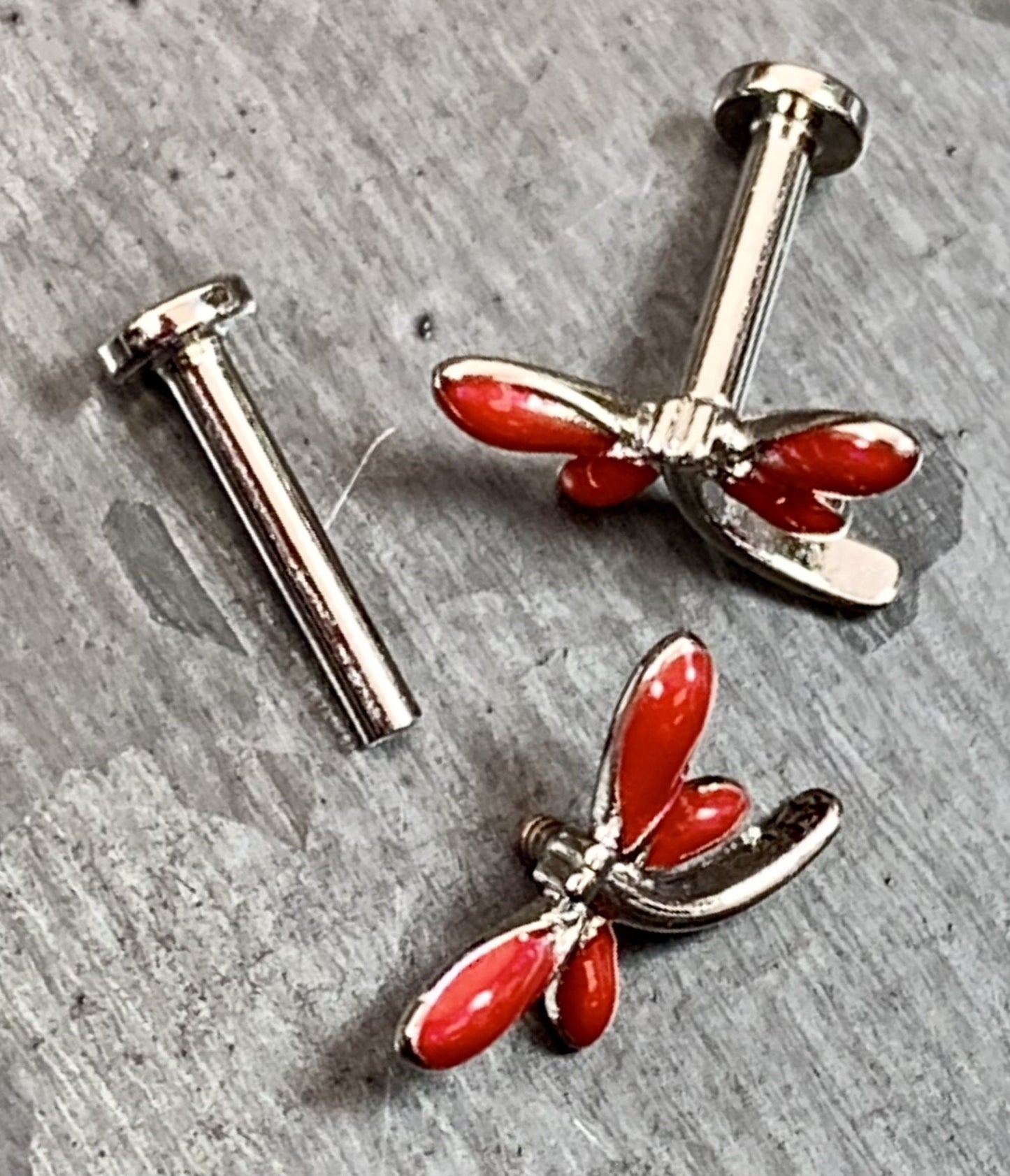 1 Piece Red Dragonfly Internally Threaded Labret Stud - 16g - Post Length 6mm or 8mm Available!