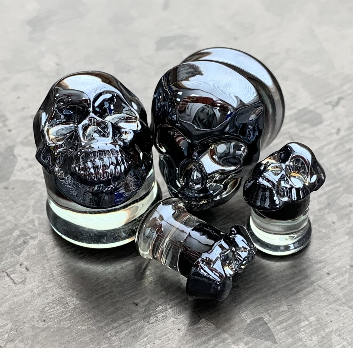 PAIR of Unique Metallic Skull Pyrex Glass Double Flare Plugs/Tunnels - Gauges 2g (6mm) through 5/8" (16mm) available!