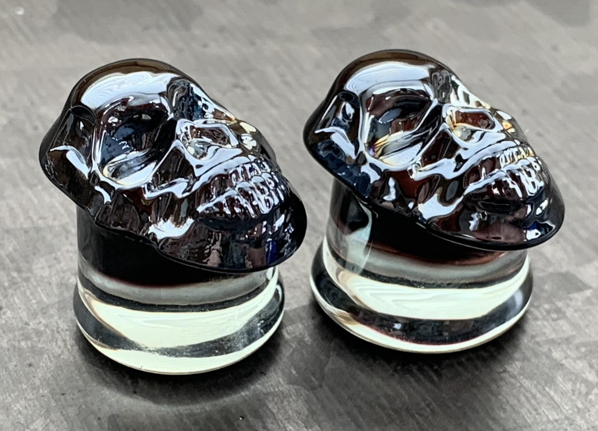 PAIR of Unique Metallic Skull Pyrex Glass Double Flare Plugs/Tunnels - Gauges 2g (6mm) through 5/8" (16mm) available!