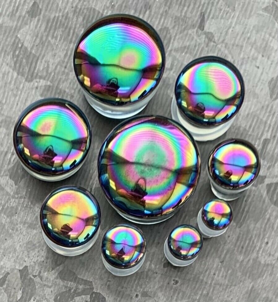 PAIR of Beautiful Oil Slick Design Pyrex Glass Single Flare Plugs with O-Rings - Gauges 4g (5mm) thru 7/8" (22mm) available!