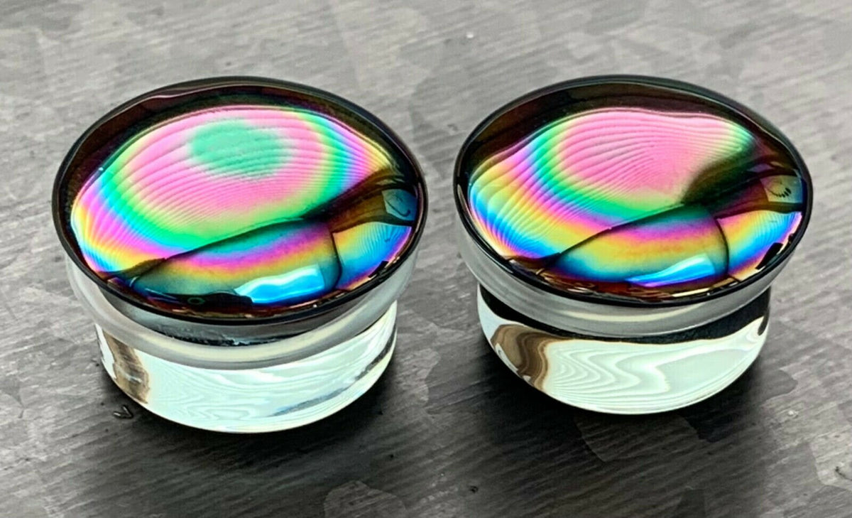 PAIR of Beautiful Oil Slick Design Pyrex Glass Single Flare Plugs with O-Rings - Gauges 4g (5mm) thru 7/8" (22mm) available!