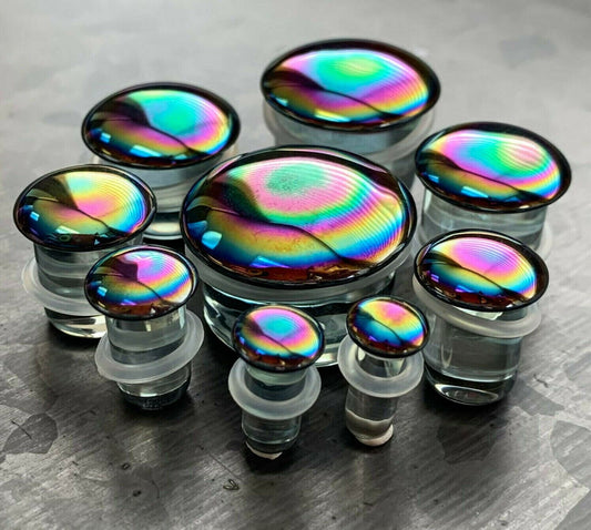 PAIR of Beautiful Oil Slick Design Pyrex Glass Single Flare Plugs with O-Rings - Gauges 4g (5mm) thru 7/8" (22mm) available!