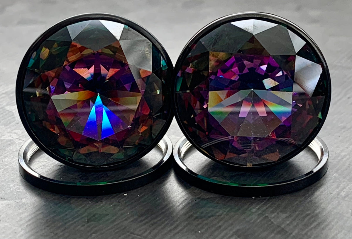 PAIR of Unique Large Vitrail Medium Gem Black Screw Fit Tunnels/Plugs - Gauges 8g (3.2mm) thru 1" (25mm) available!