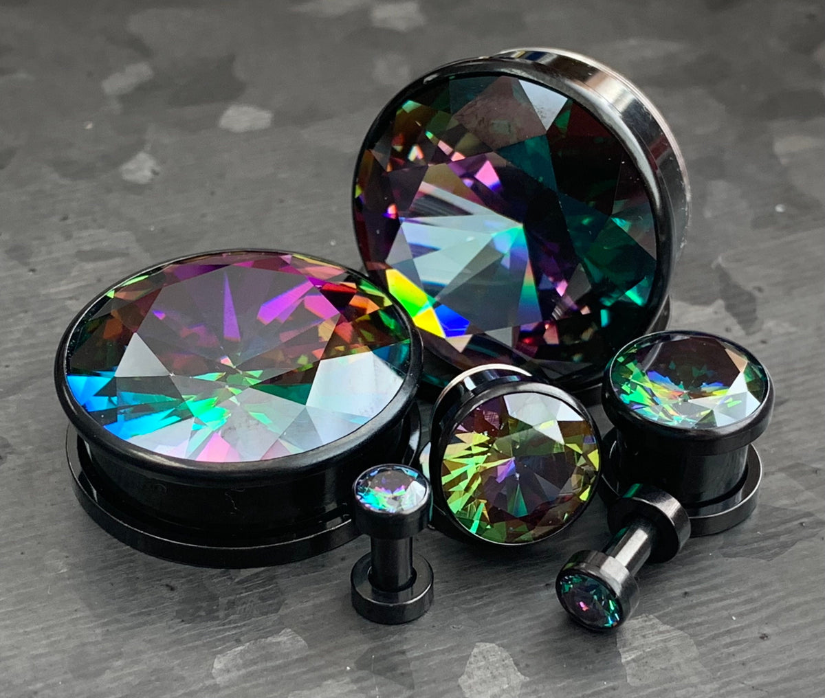 PAIR of Unique Large Vitrail Medium Gem Black Screw Fit Tunnels/Plugs - Gauges 8g (3.2mm) thru 1" (25mm) available!