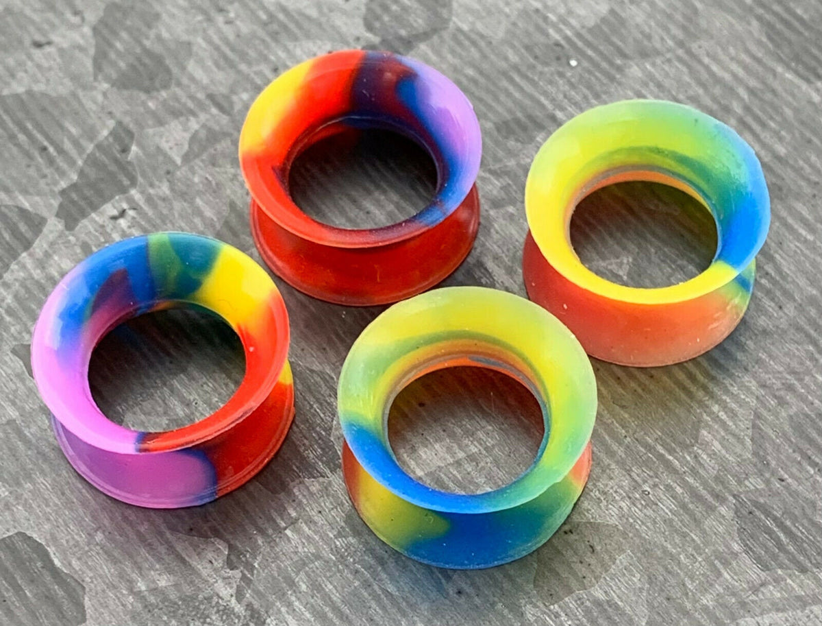 PAIR of Unique Rainbow Swirl Ultra Thin Silicone Double Flare Tunnels/Plugs - Gauges 4g (5mm) thru 7/8" (22mm) available!