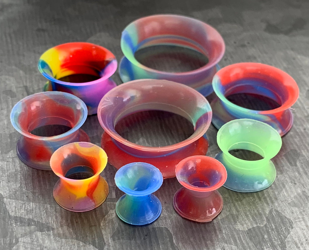 PAIR of Unique Rainbow Swirl Ultra Thin Silicone Double Flare Tunnels/Plugs - Gauges 4g (5mm) thru 7/8" (22mm) available!