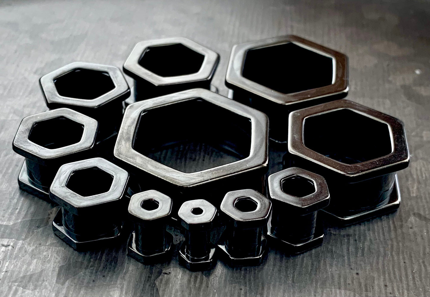PAIR of Unique Hexagon Black Screw Fit Tunnels - Gauges 8g (3.2mm) thru 1" (25mm) available!