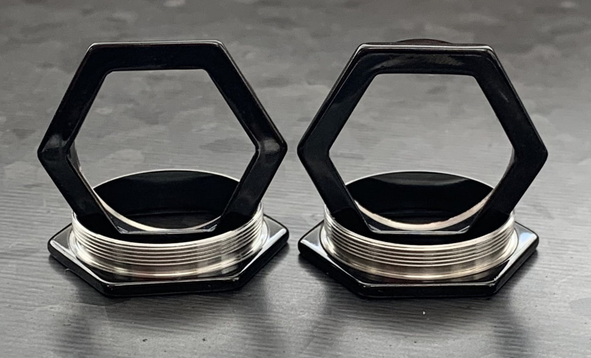 PAIR of Unique Hexagon Black Screw Fit Tunnels - Gauges 8g (3.2mm) thru 1" (25mm) available!