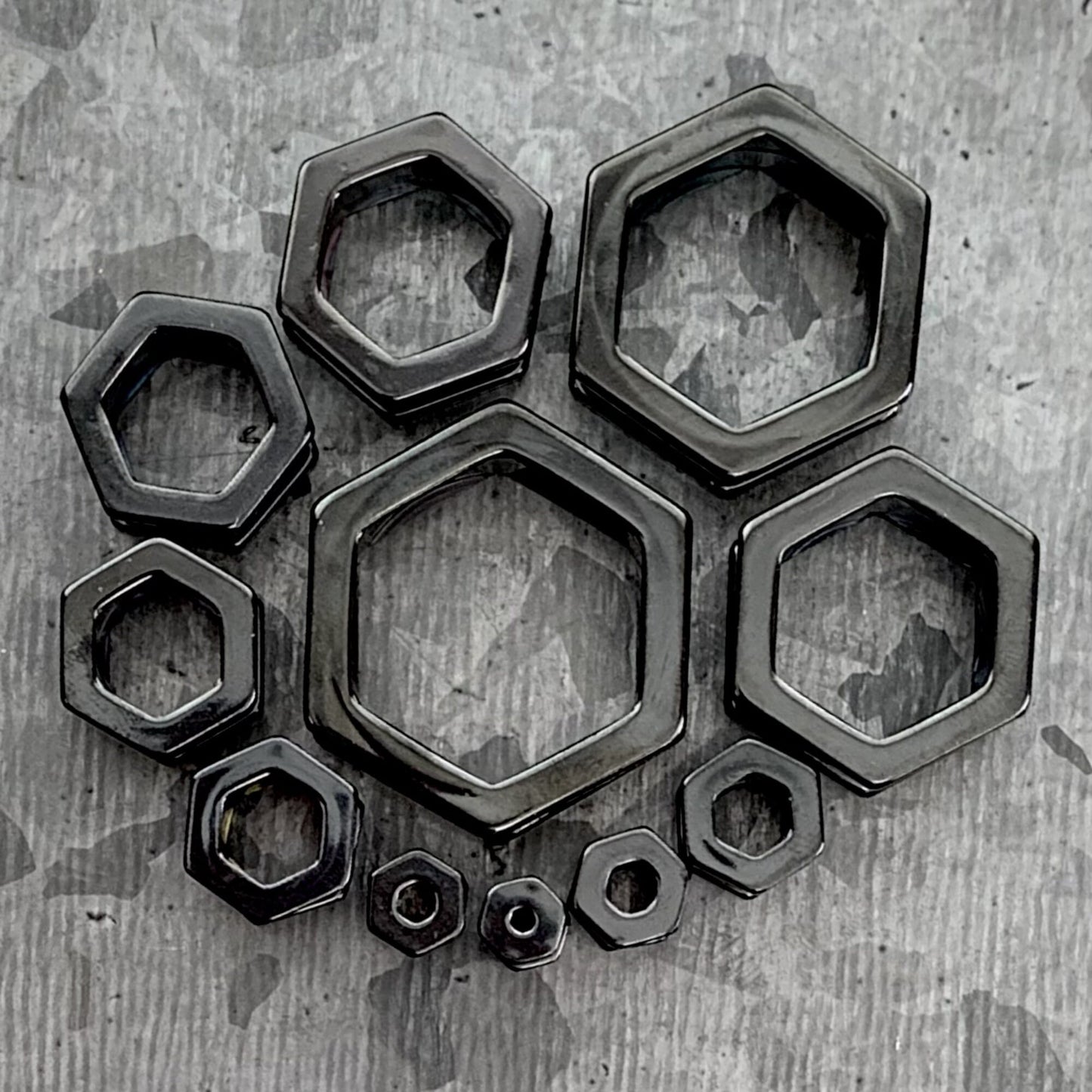PAIR of Unique Hexagon Black Screw Fit Tunnels - Gauges 8g (3.2mm) thru 1" (25mm) available!