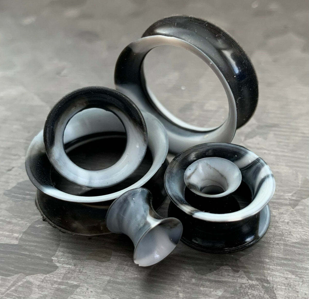 PAIR Black & White Swirl Ultra Thin Silicone Double Flare Tunnels/Plugs - Gauges 4g (5mm) thru 7/8" (22mm) available!