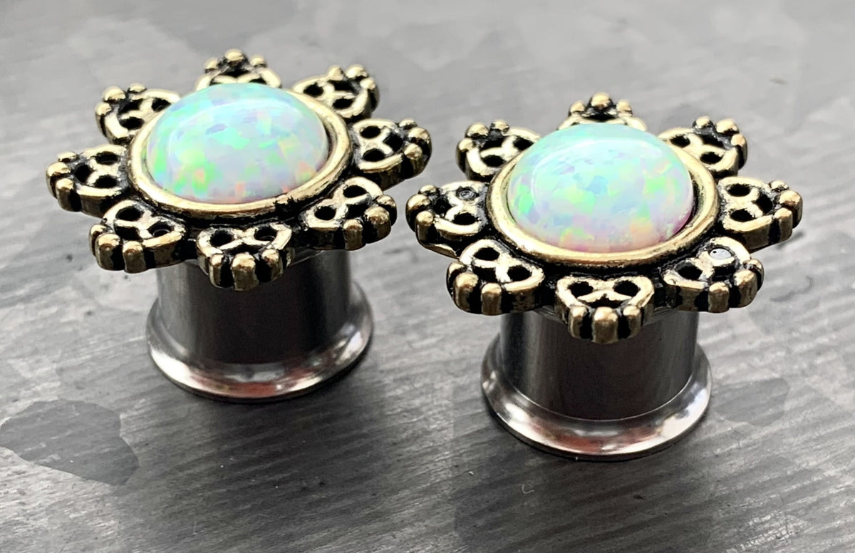 PAIR of Stunning Internally Threaded Lotus Flower with Opal Double Flare Tunnels/Plugs - Gauges 8g (3mm) thru 00g (10mm) available!