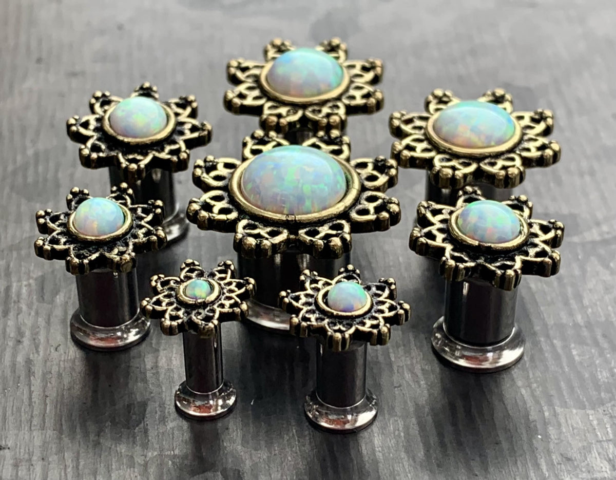 PAIR of Stunning Internally Threaded Lotus Flower with Opal Double Flare Tunnels/Plugs - Gauges 8g (3mm) thru 00g (10mm) available!