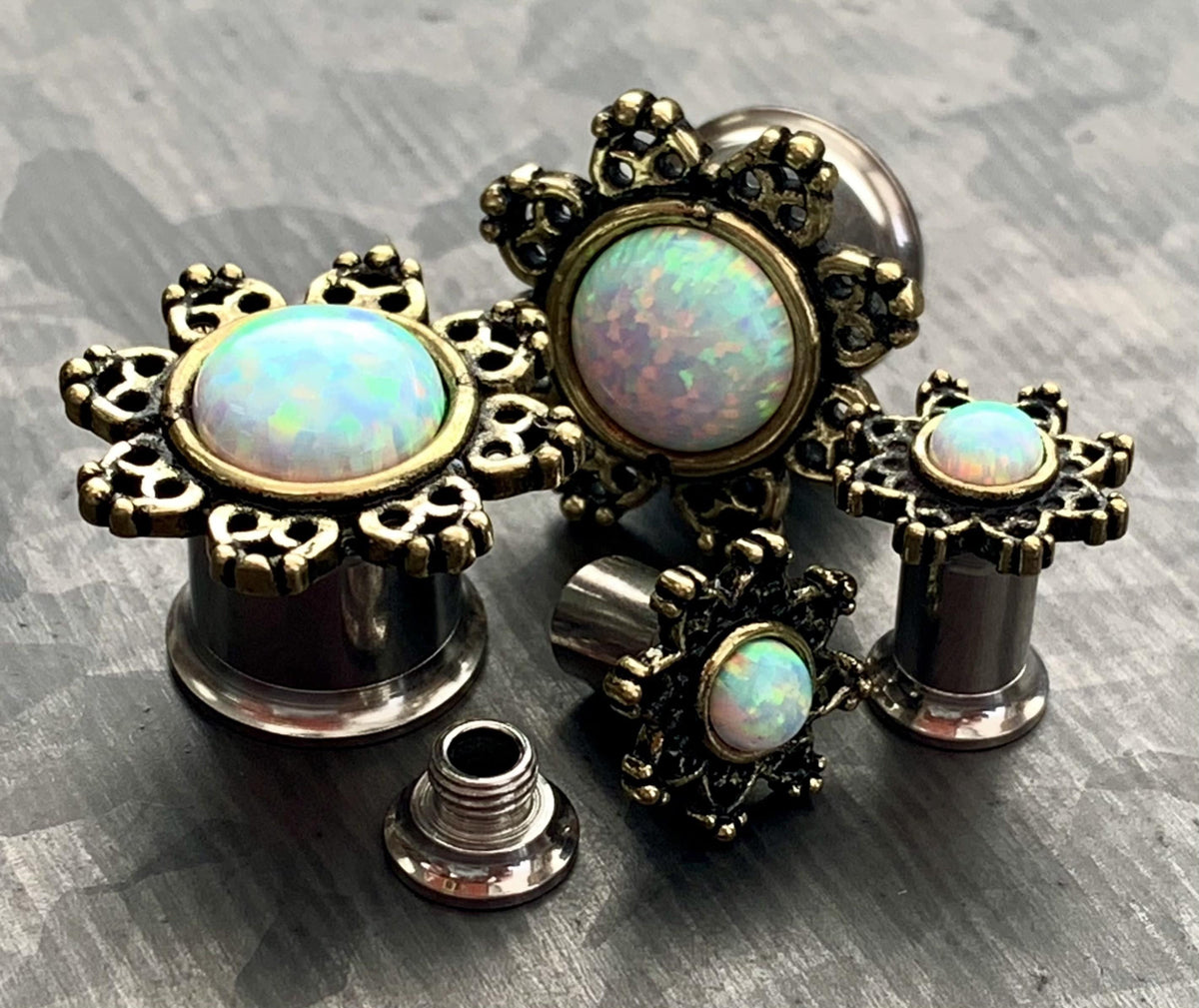 PAIR of Stunning Internally Threaded Lotus Flower with Opal Double Flare Tunnels/Plugs - Gauges 8g (3mm) thru 00g (10mm) available!