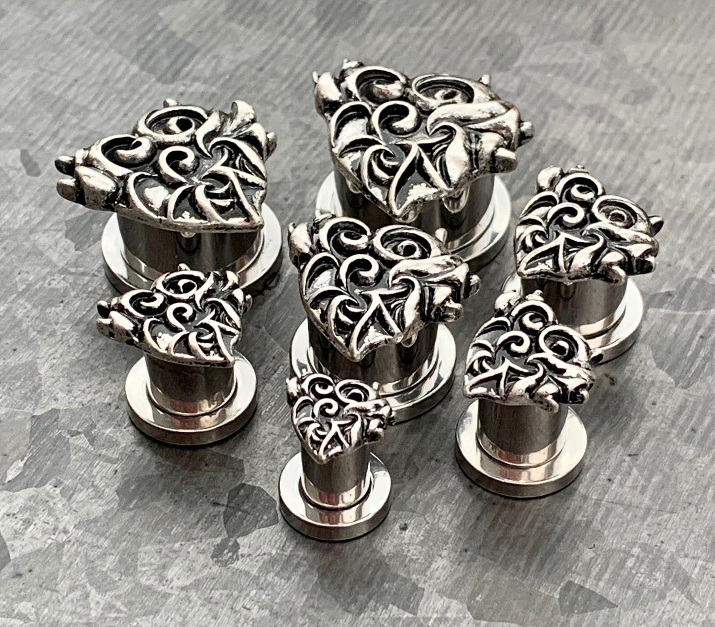 PAIR of Stunning Antique Silver Devil Heart Surgical Steel Internally Threaded Tunnels/Plugs - Gauges 2g (6mm) thru 5/8" (16mm) Available!