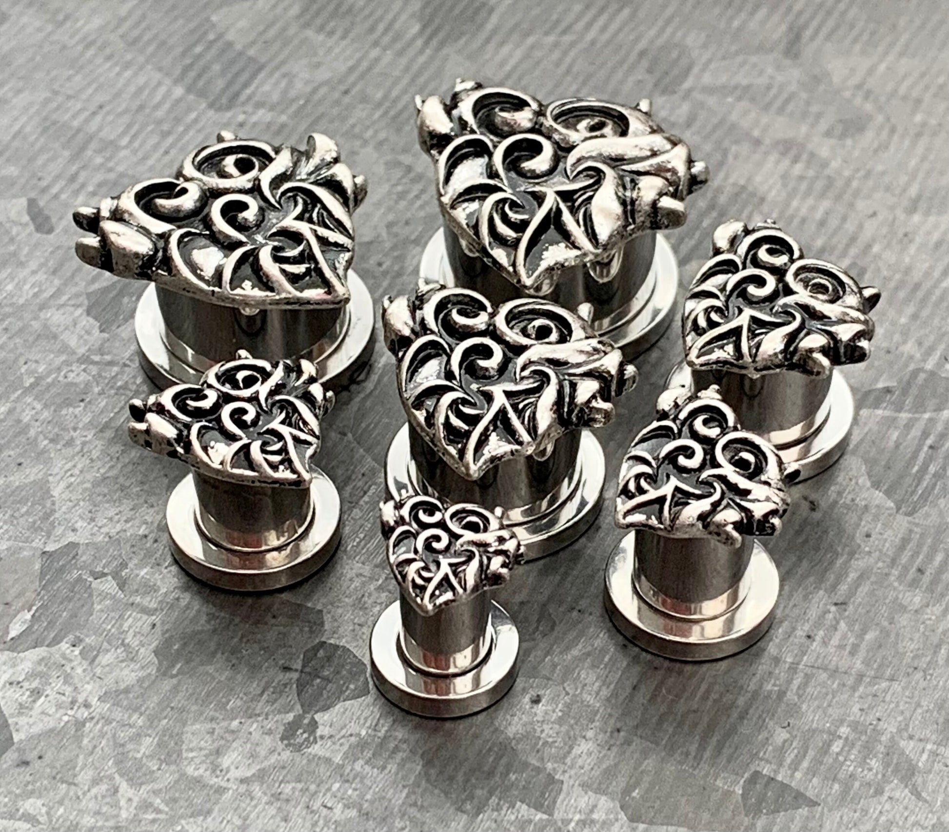 PAIR of Stunning Antique Silver Devil Heart Surgical Steel Internally Threaded Tunnels/Plugs - Gauges 2g (6mm) thru 5/8" (16mm) Available!