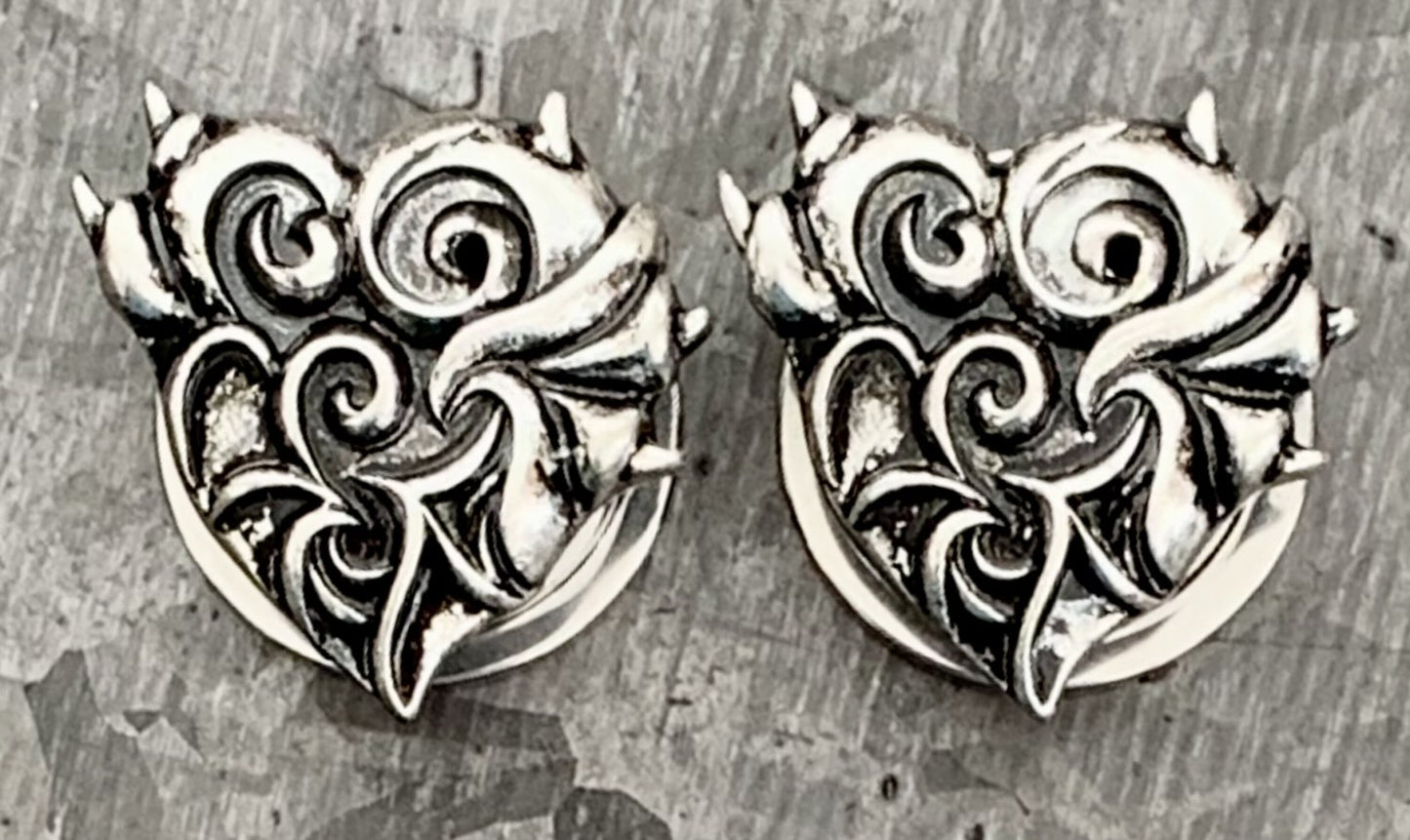 PAIR of Stunning Antique Silver Devil Heart Surgical Steel Internally Threaded Tunnels/Plugs - Gauges 2g (6mm) thru 5/8" (16mm) Available!