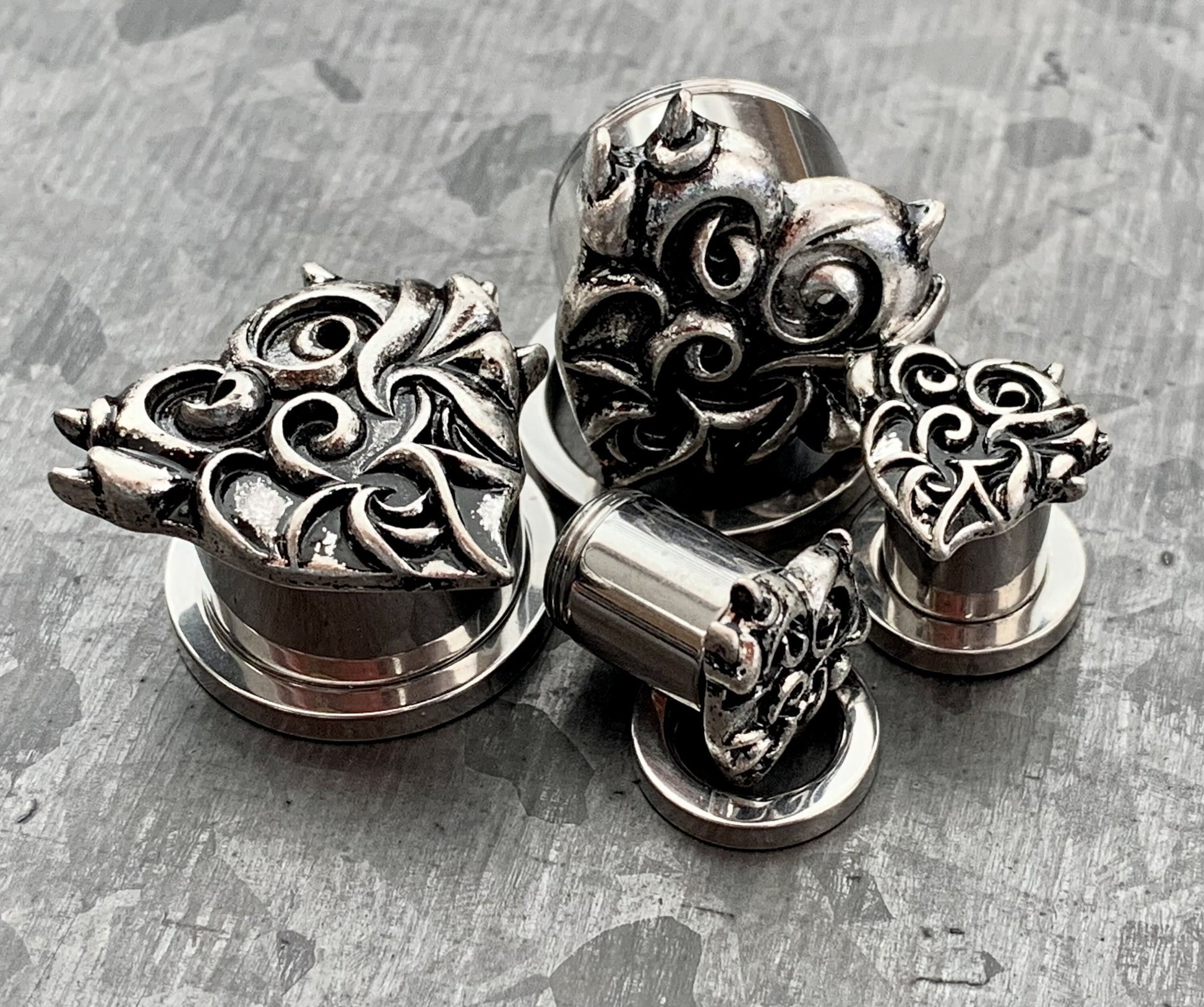 PAIR of Stunning Antique Silver Devil Heart Surgical Steel Internally Threaded Tunnels/Plugs - Gauges 2g (6mm) thru 5/8" (16mm) Available!