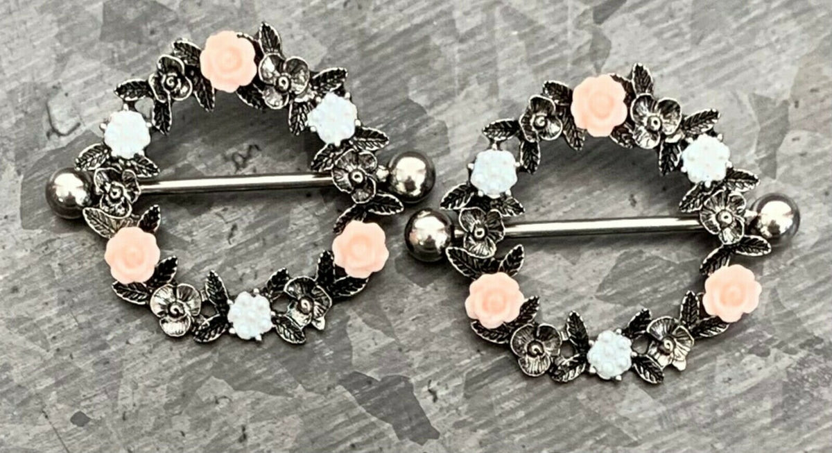 PAIR of Stunning Floral Wreath Steel Barbell Nipple Ring/Shields - Wearable Length 14mm - Barbell Length 28mm - Silver and Gold available!